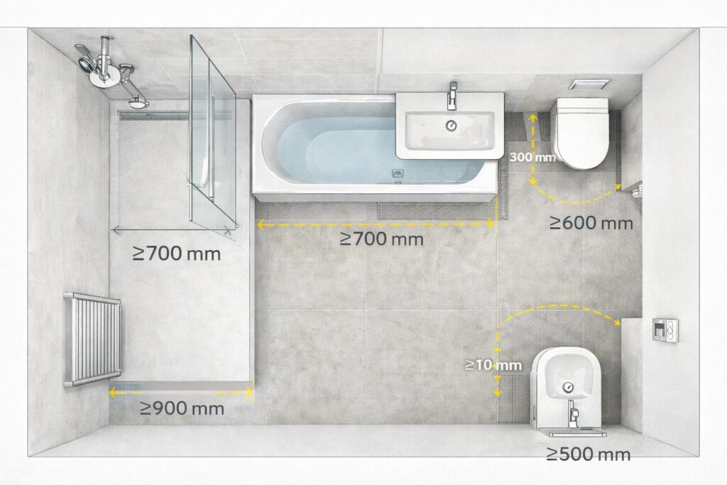 Diagram Showing Recommended Minimum Clearance Zones Within A Typical Bathroom Layout | Simple Interiors, Wandsworth